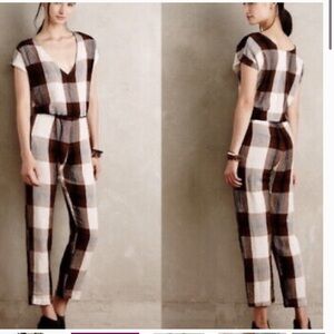 Anthro The Odells brown plaid linen jumpsuit S